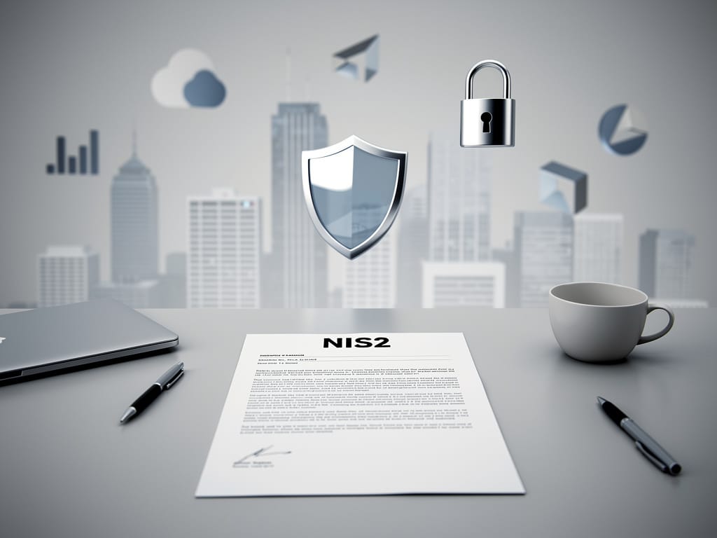 Schreibtisch mit NIS2-Dokument, Sicherheits-Symbolen und Stadtkulisse im Hintergrund