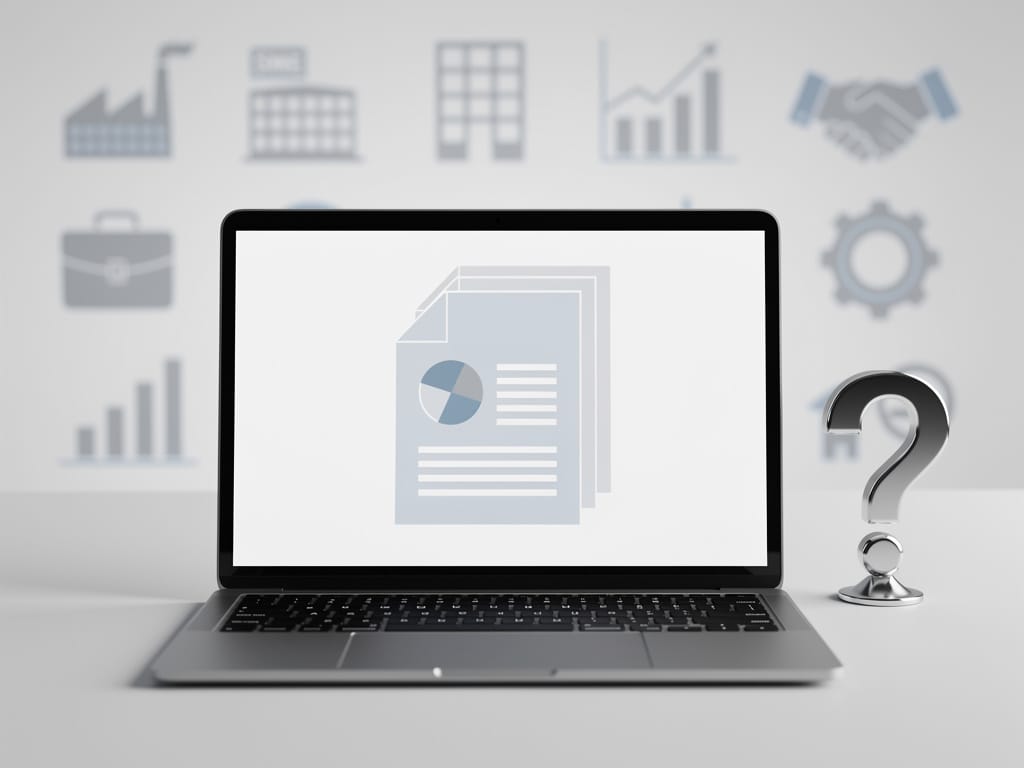 Laptop mit Dokumentensymbol auf dem Bildschirm und Business-Icons im Hintergrund