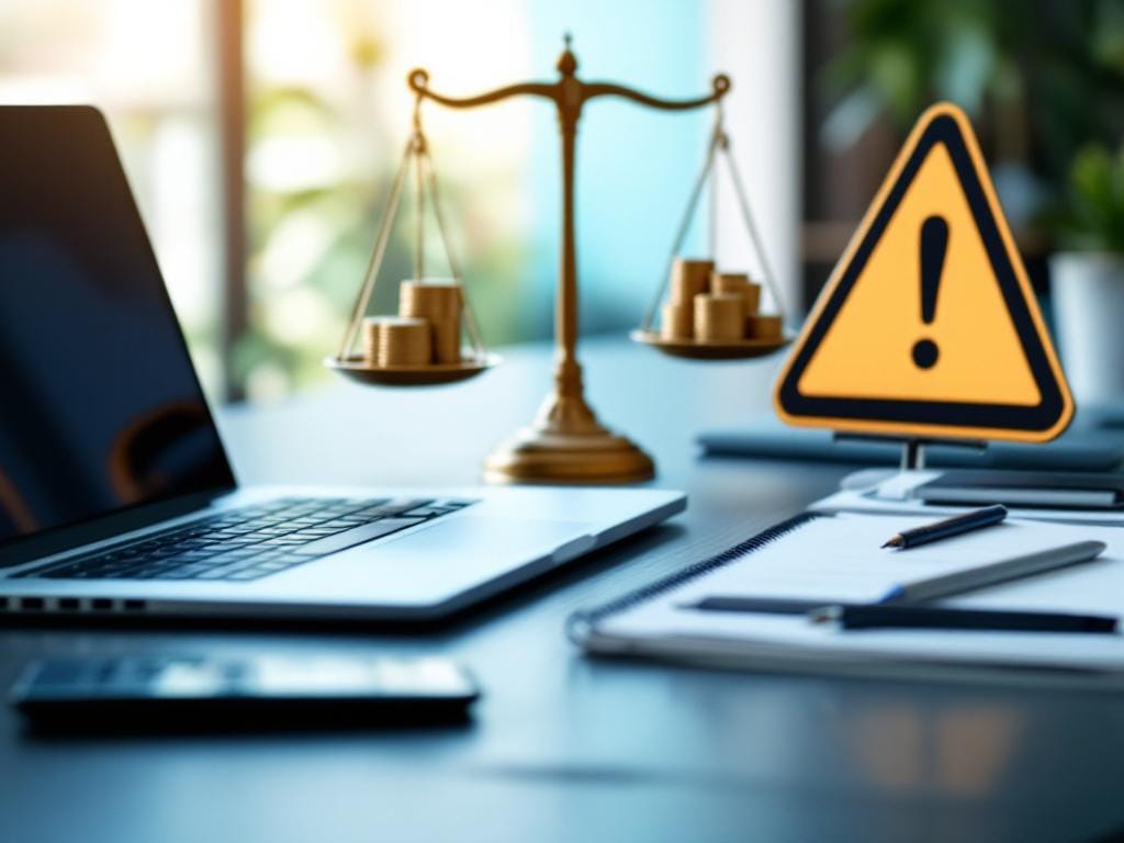 Ein moderner Bürotisch mit Laptop, Notizen und einer Waage, die Stapel Münzen gegen ein Warnschild abwägt – Symbolbild für IT-Kostensenkung in KMUs: Wo Sparen lohnt und wo Risiken drohen.