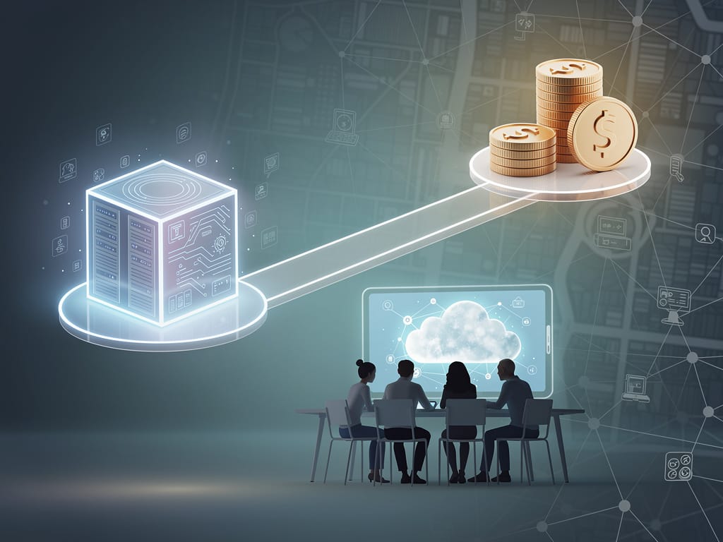 Moderne, abstrakte Waage, deren eine Seite aus einem stilisierten Server und die andere aus einem Münzstapel besteht.